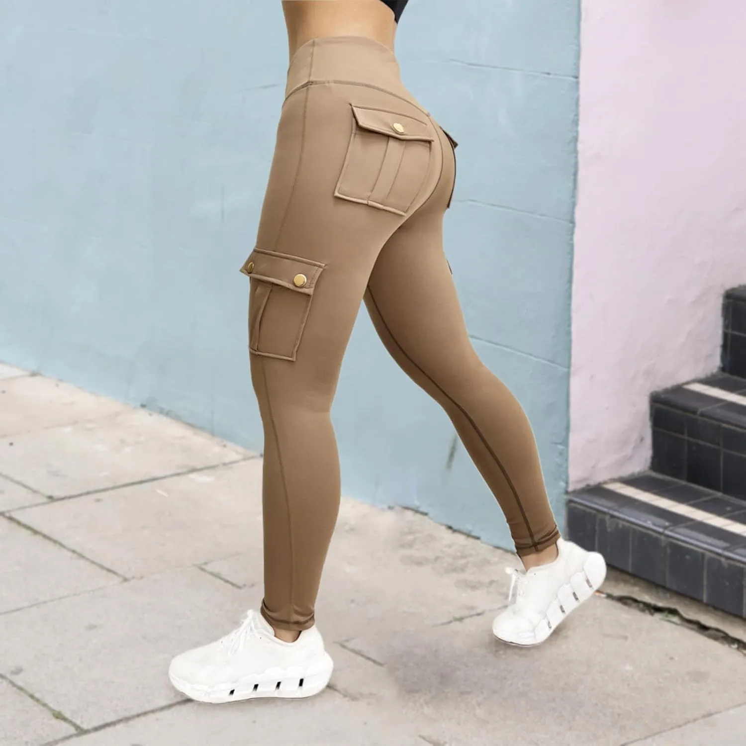 Women's Cargo Yoga Leggings Butt Lifting High Waist Trousers with Flap Pockets Tummy Control Running Pants Gym Tights