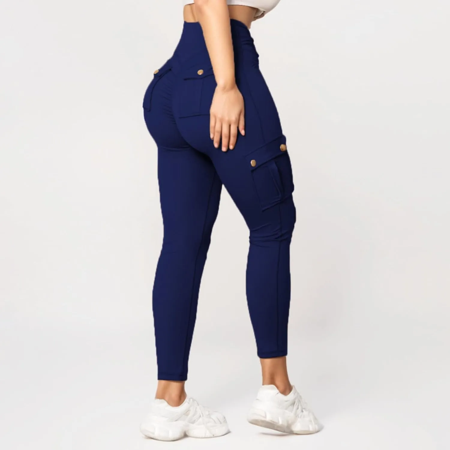 Women's Cargo Yoga Leggings Butt Lifting High Waist Trousers with Flap Pockets Tummy Control Running Pants Gym Tights