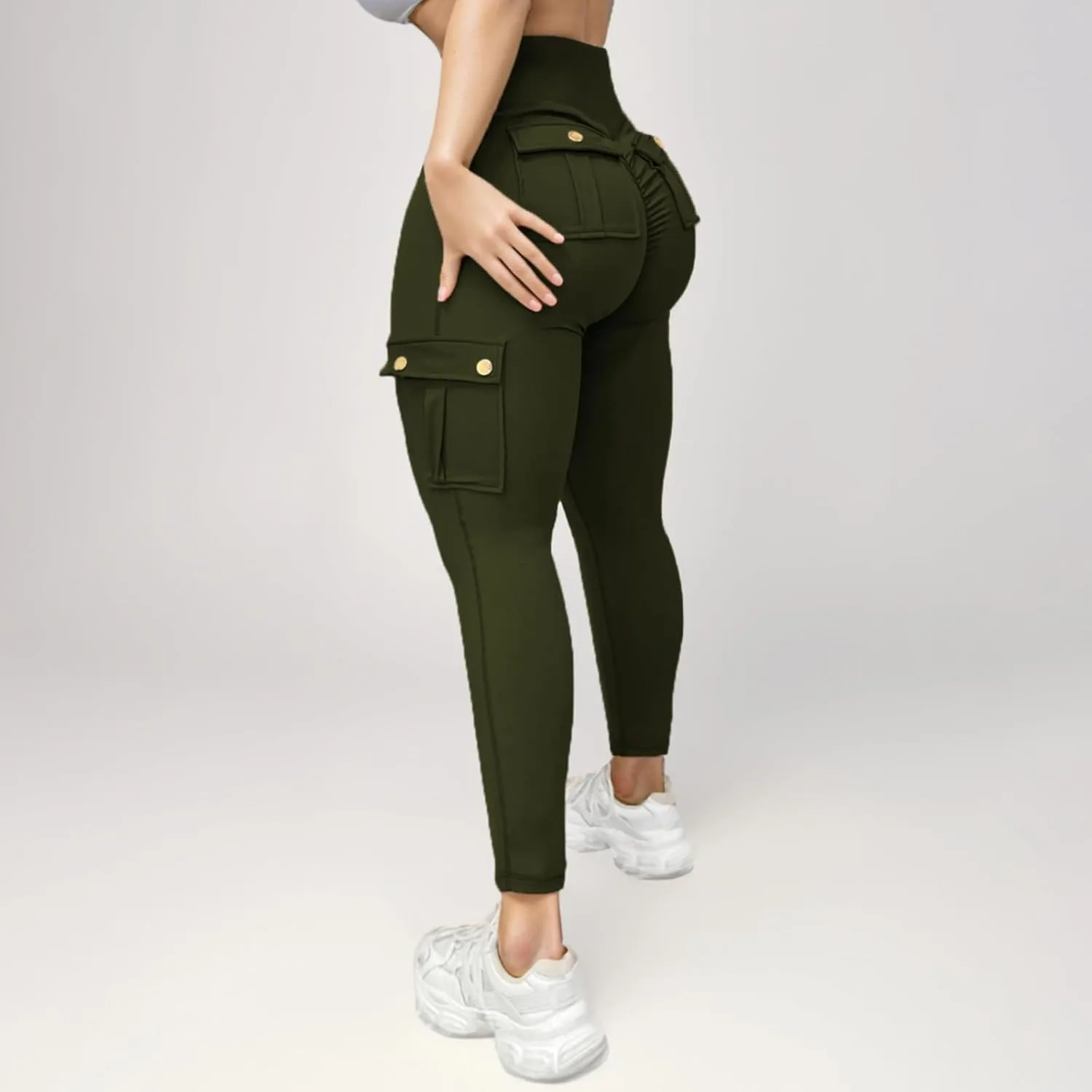Women's Cargo Yoga Leggings Butt Lifting High Waist Trousers with Flap Pockets Tummy Control Running Pants Gym Tights