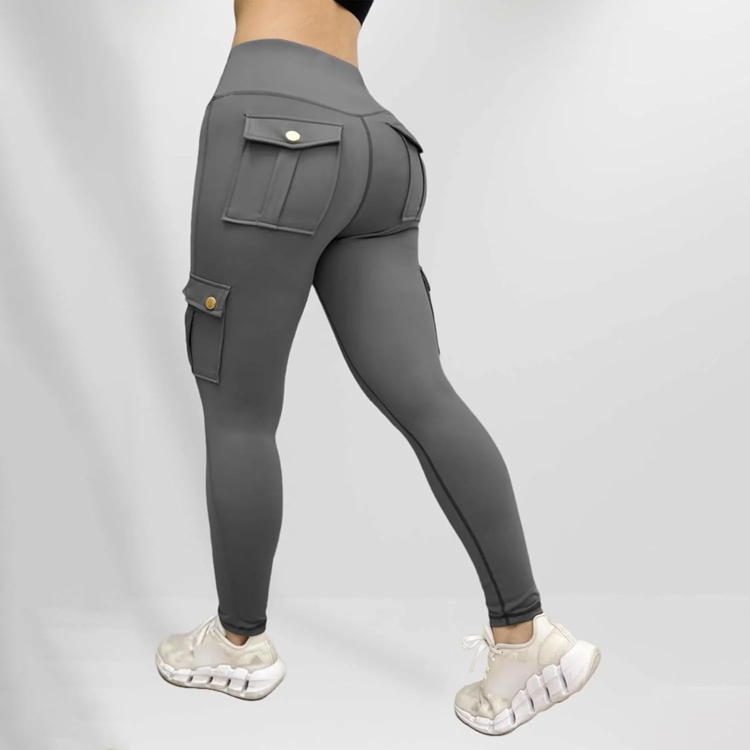 Women's Cargo Yoga Leggings Butt Lifting High Waist Trousers with Flap Pockets Tummy Control Running Pants Gym Tights