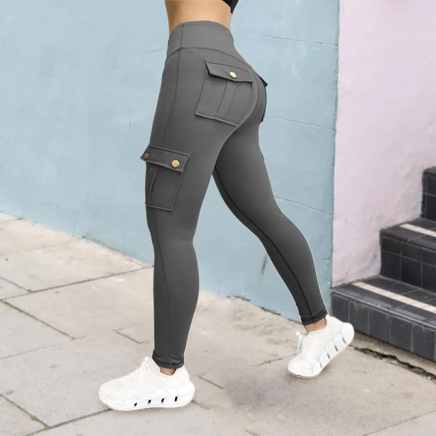 Women's Cargo Yoga Leggings Butt Lifting High Waist Trousers with Flap Pockets Tummy Control Running Pants Gym Tights