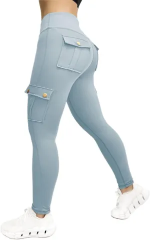Women's Cargo Yoga Leggings Butt Lifting High Waist Trousers with Flap Pockets Tummy Control Running Pants Gym Tights