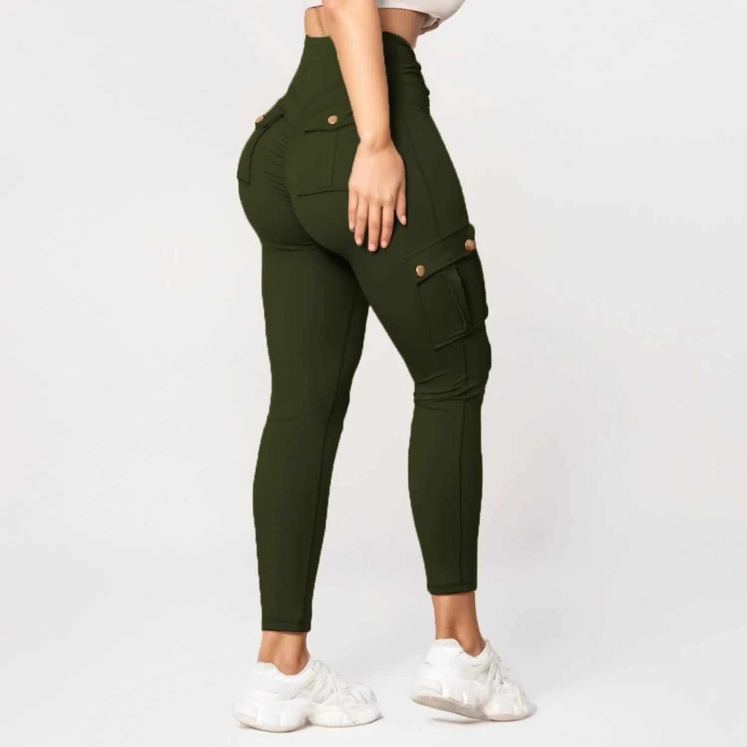 Women's Cargo Yoga Leggings Butt Lifting High Waist Trousers with Flap Pockets Tummy Control Running Pants Gym Tights