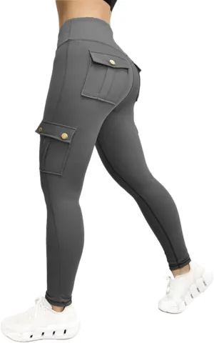 Women's Cargo Yoga Leggings Butt Lifting High Waist Trousers with Flap Pockets Tummy Control Running Pants Gym Tights