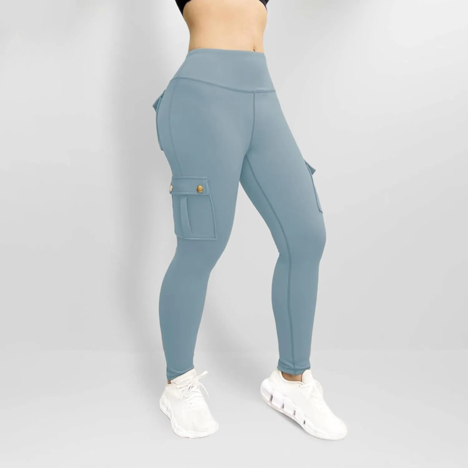 Women's Cargo Yoga Leggings Butt Lifting High Waist Trousers with Flap Pockets Tummy Control Running Pants Gym Tights