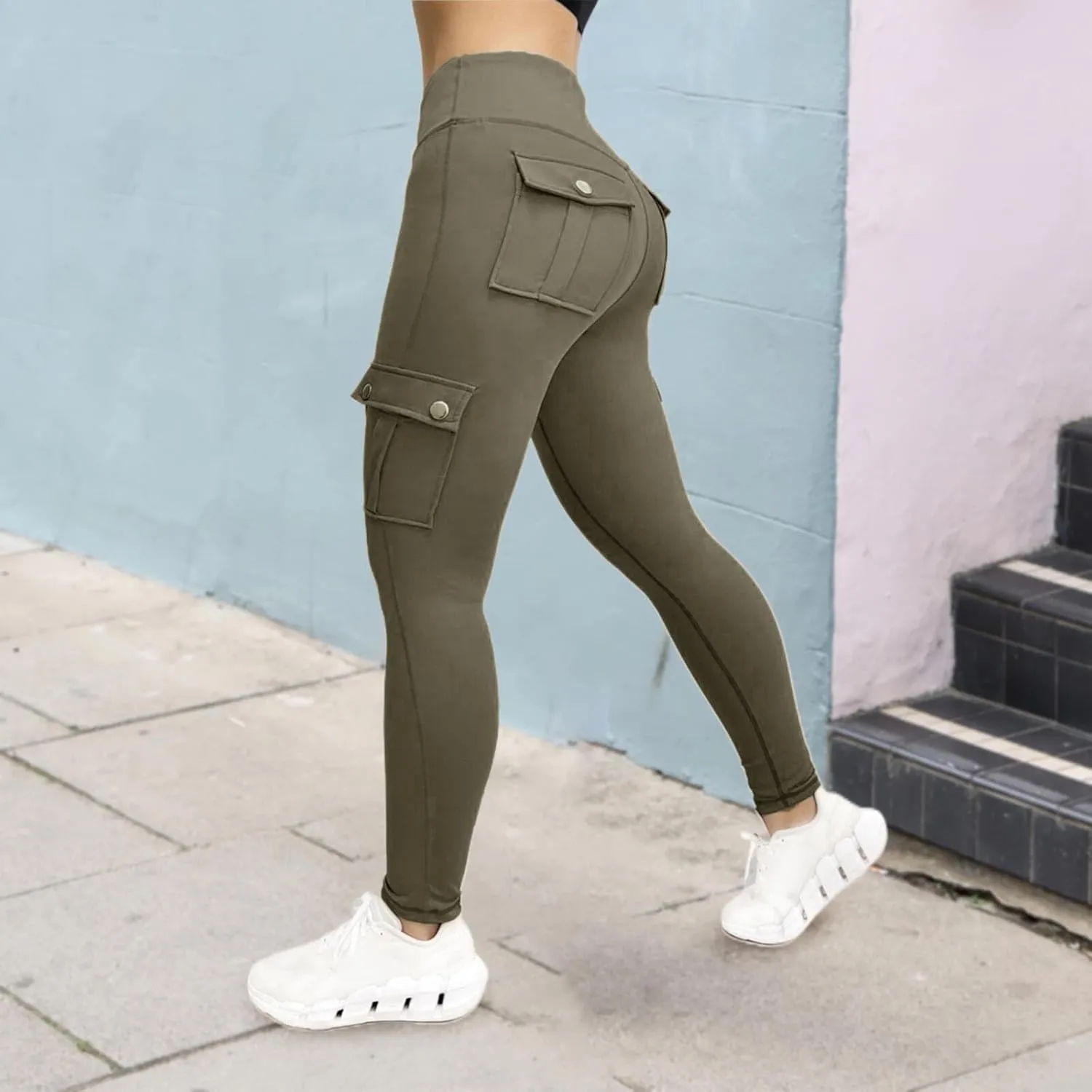 Women's Cargo Yoga Leggings Butt Lifting High Waist Trousers with Flap Pockets Tummy Control Running Pants Gym Tights