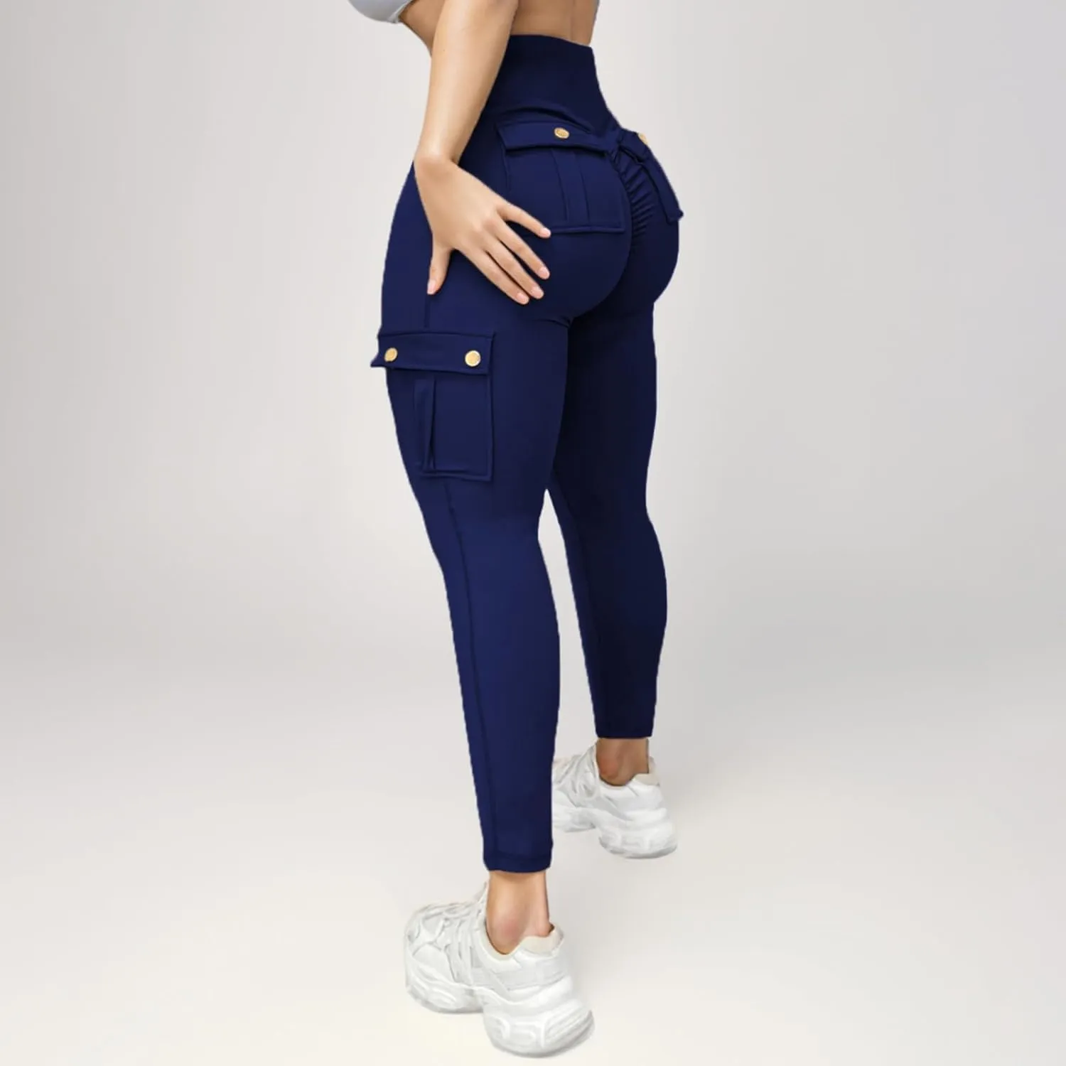Women's Cargo Yoga Leggings Butt Lifting High Waist Trousers with Flap Pockets Tummy Control Running Pants Gym Tights