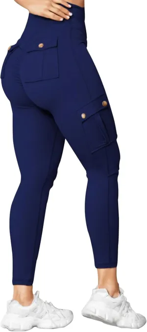 Women's Cargo Yoga Leggings Butt Lifting High Waist Trousers with Flap Pockets Tummy Control Running Pants Gym Tights