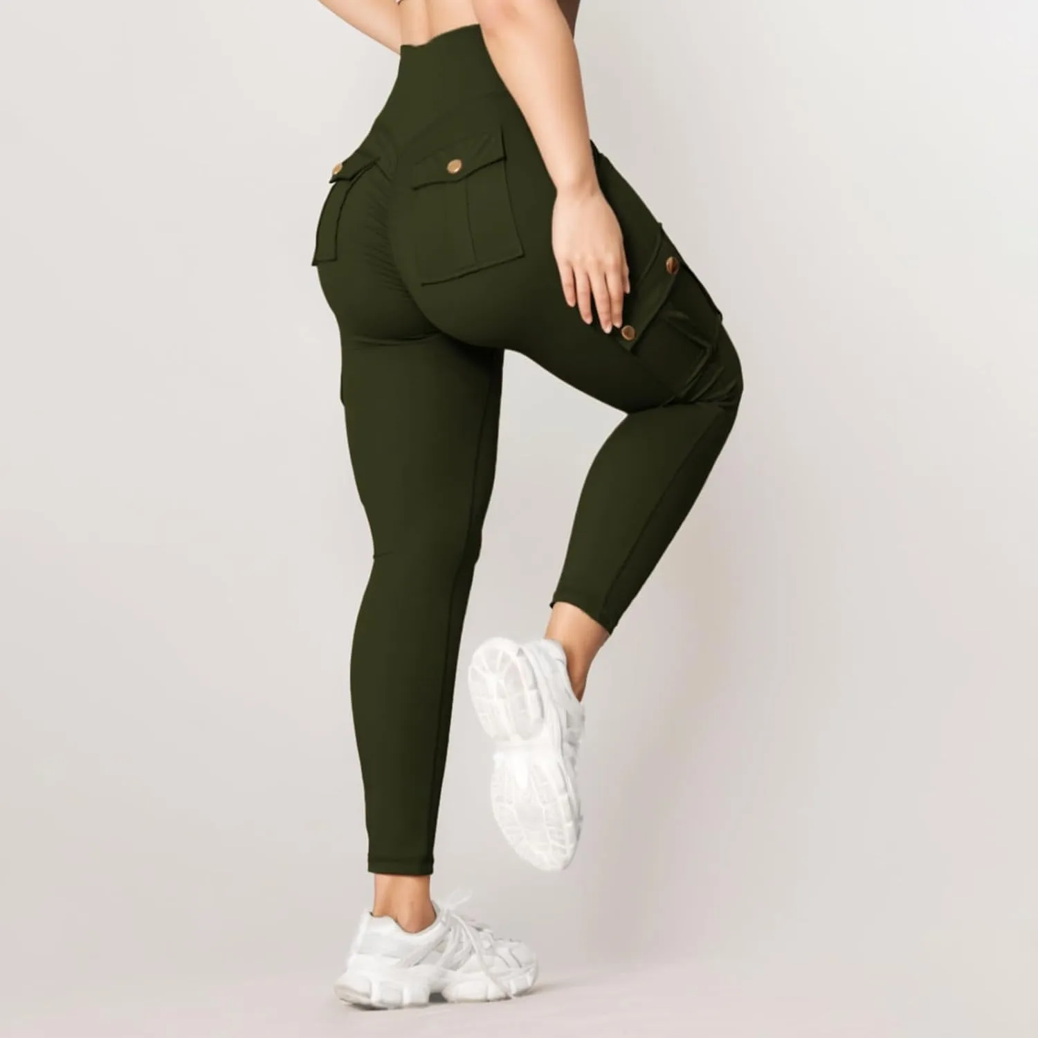 Women's Cargo Yoga Leggings Butt Lifting High Waist Trousers with Flap Pockets Tummy Control Running Pants Gym Tights