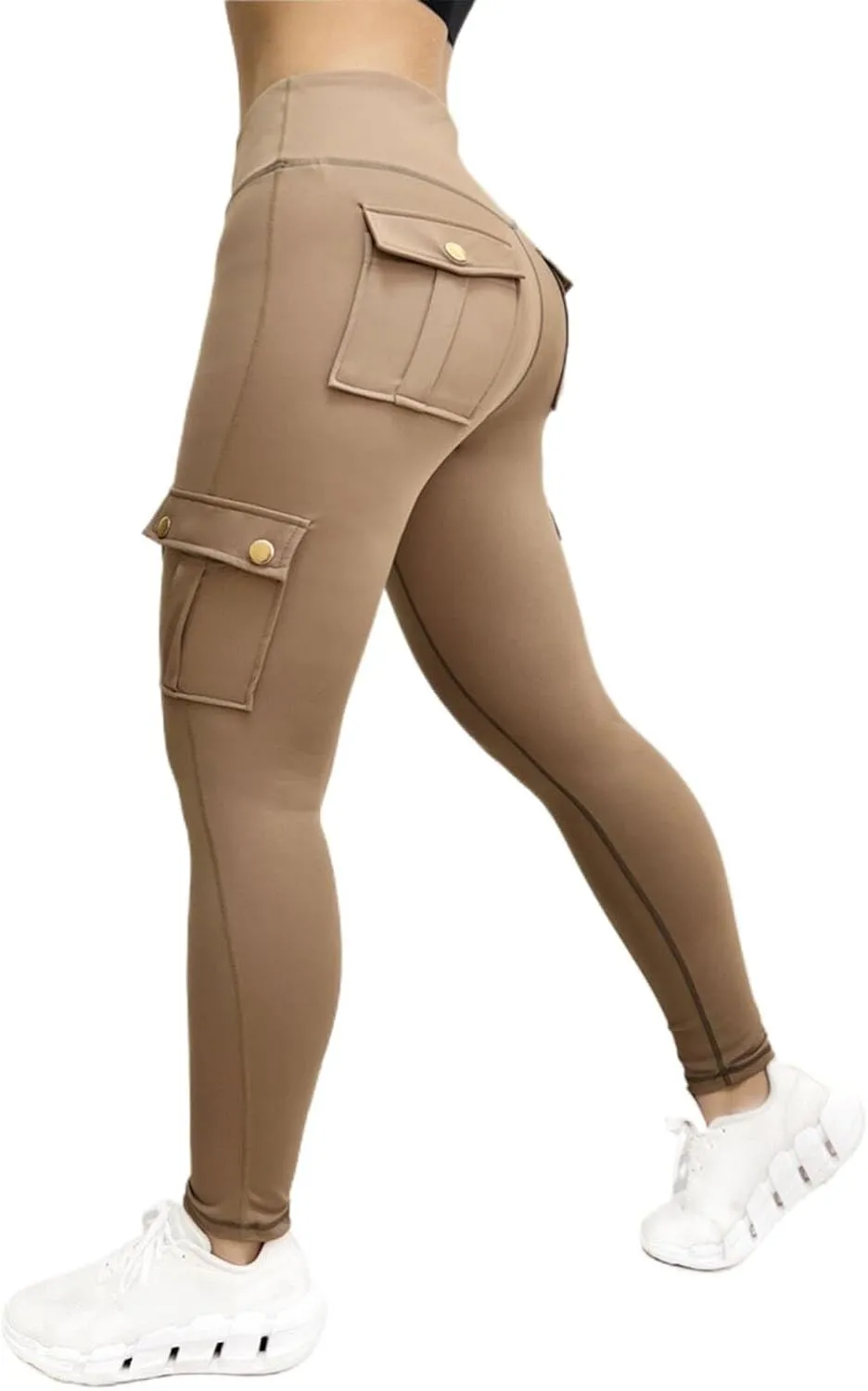Women's Cargo Yoga Leggings Butt Lifting High Waist Trousers with Flap Pockets Tummy Control Running Pants Gym Tights