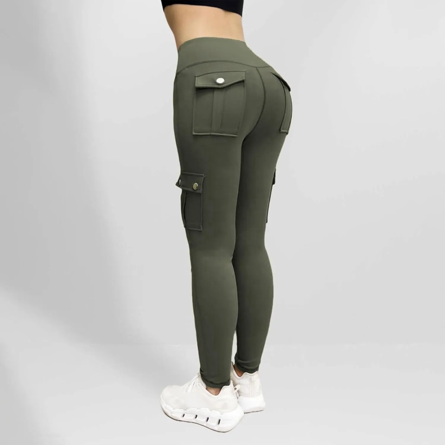 Women's Cargo Yoga Leggings Butt Lifting High Waist Trousers with Flap Pockets Tummy Control Running Pants Gym Tights