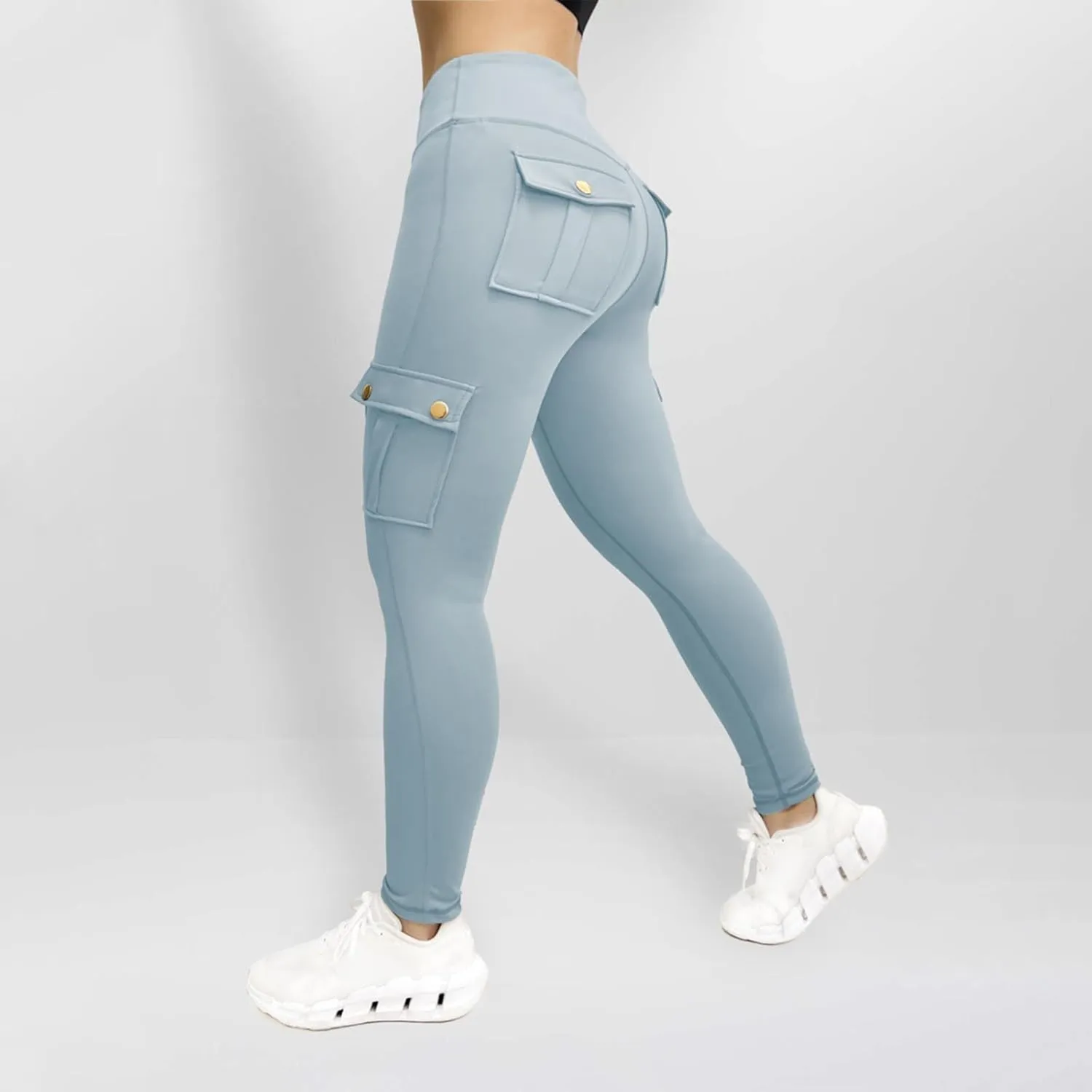 Women's Cargo Yoga Leggings Butt Lifting High Waist Trousers with Flap Pockets Tummy Control Running Pants Gym Tights