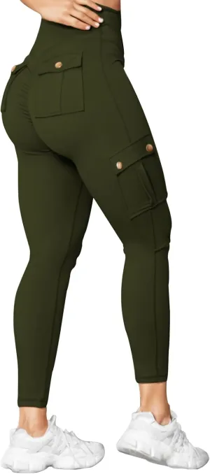 Women's Cargo Yoga Leggings Butt Lifting High Waist Trousers with Flap Pockets Tummy Control Running Pants Gym Tights