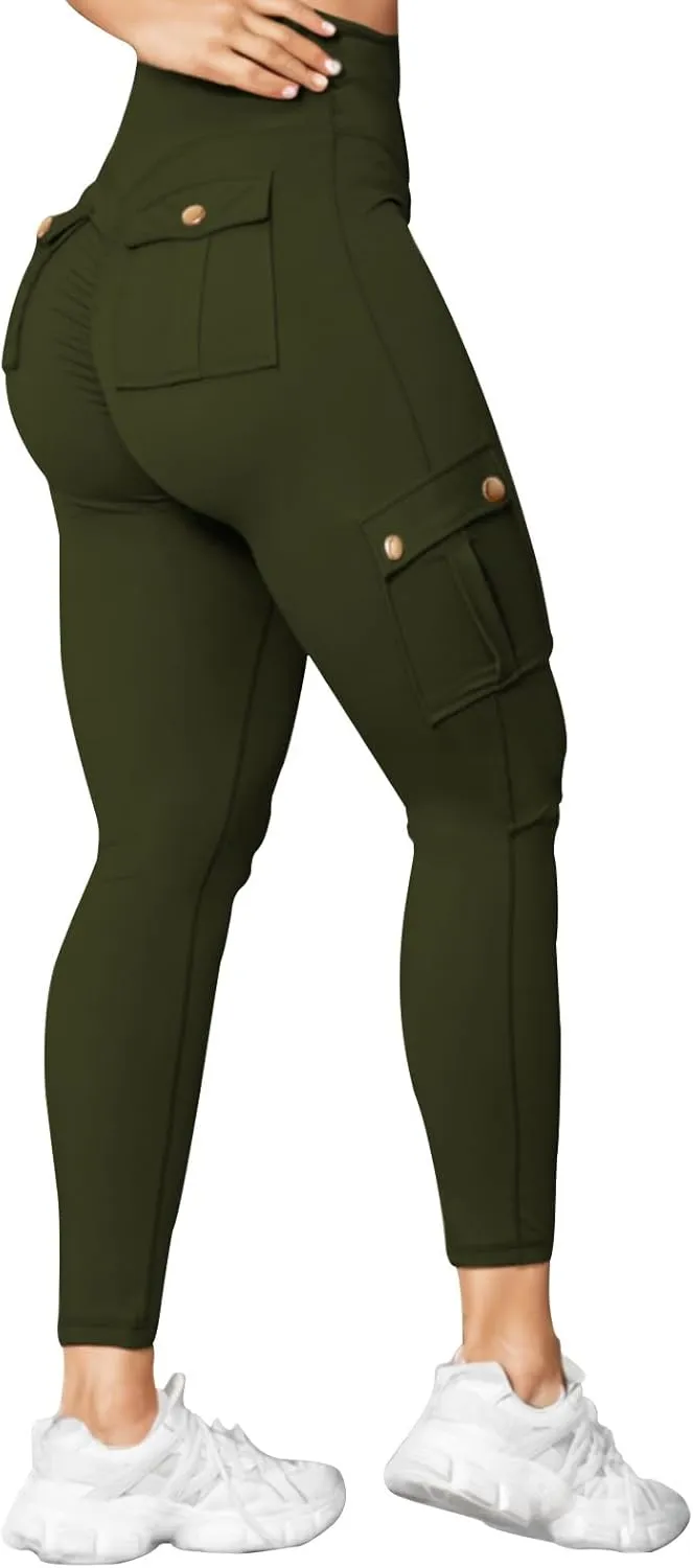 Women's Cargo Yoga Leggings Butt Lifting High Waist Trousers with Flap Pockets Tummy Control Running Pants Gym Tights