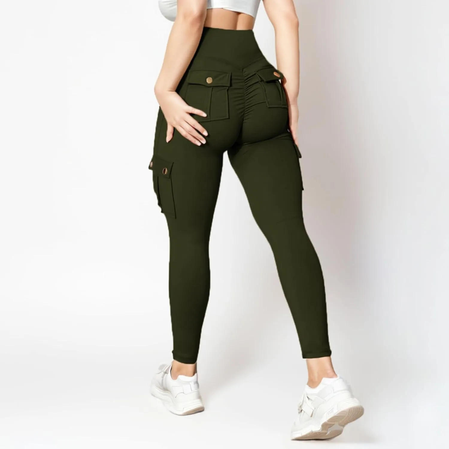 Women's Cargo Yoga Leggings Butt Lifting High Waist Trousers with Flap Pockets Tummy Control Running Pants Gym Tights
