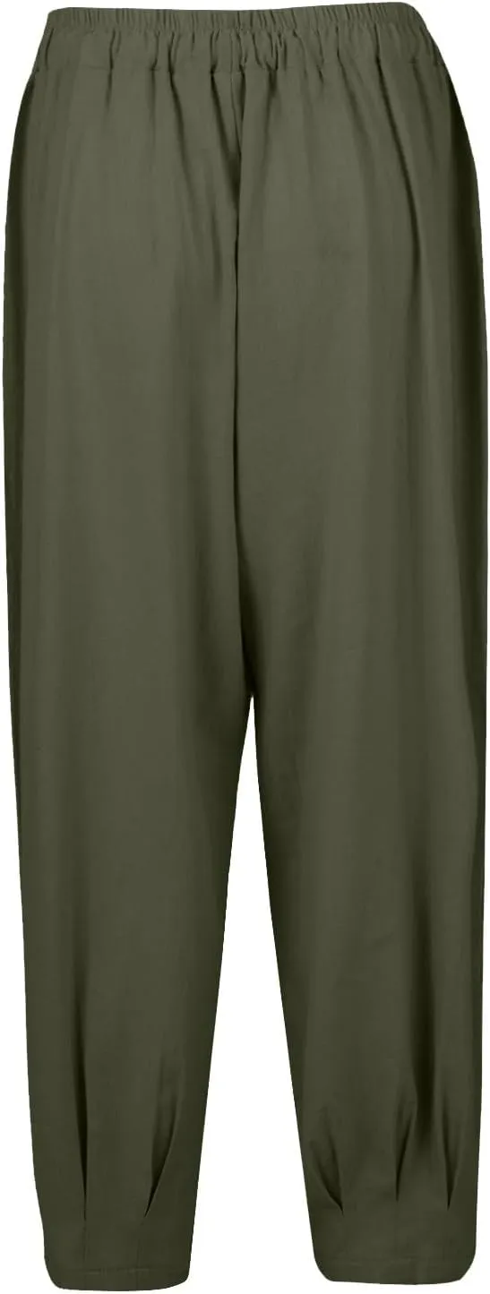 Women's Casual Lantern Tapered Harem Pants Flowy Beach Linen Drawstring Waist Wide Leg Palazzo Pants with Pockets