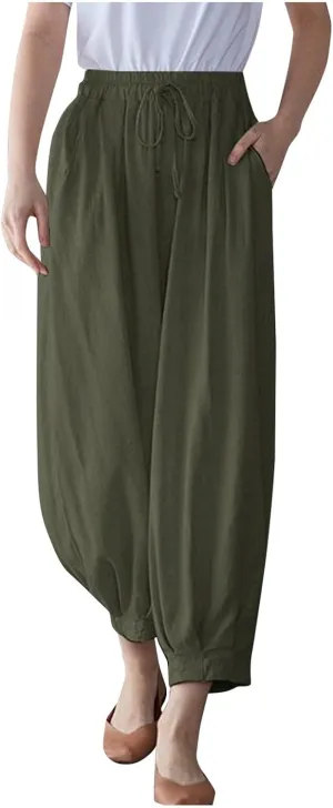 Women's Casual Lantern Tapered Harem Pants Flowy Beach Linen Drawstring Waist Wide Leg Palazzo Pants with Pockets
