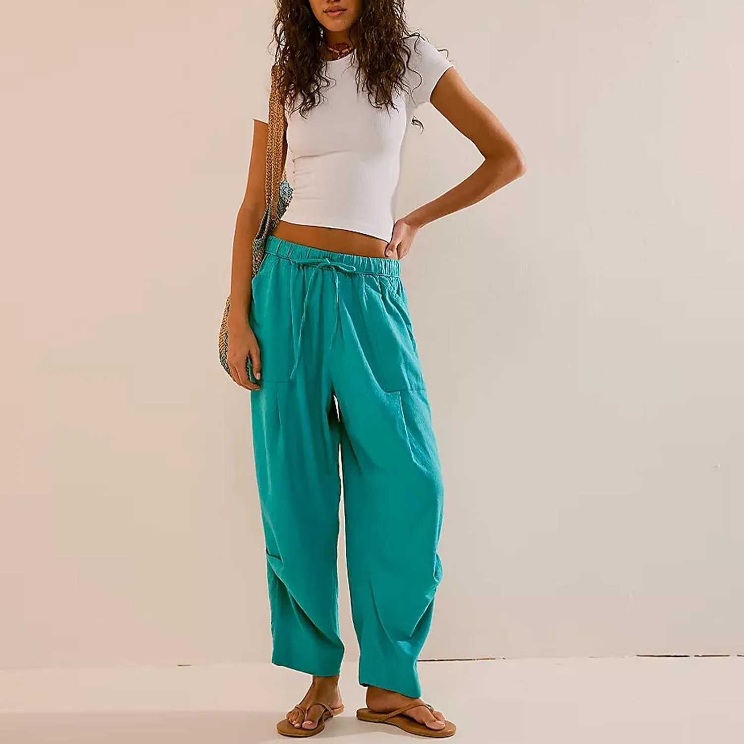 Women's Casual Lantern Tapered Harem Pants Flowy Beach Linen Drawstring Waist Wide Leg Palazzo Pants with Pockets
