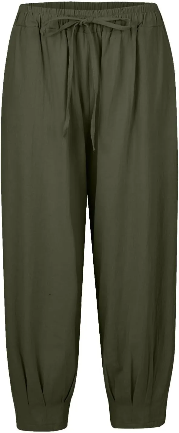Women's Casual Lantern Tapered Harem Pants Flowy Beach Linen Drawstring Waist Wide Leg Palazzo Pants with Pockets