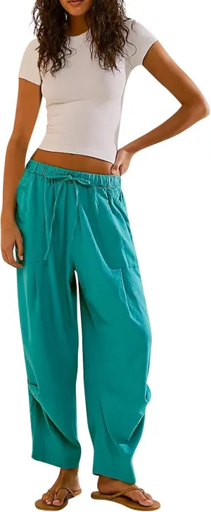 Women's Casual Lantern Tapered Harem Pants Flowy Beach Linen Drawstring Waist Wide Leg Palazzo Pants with Pockets