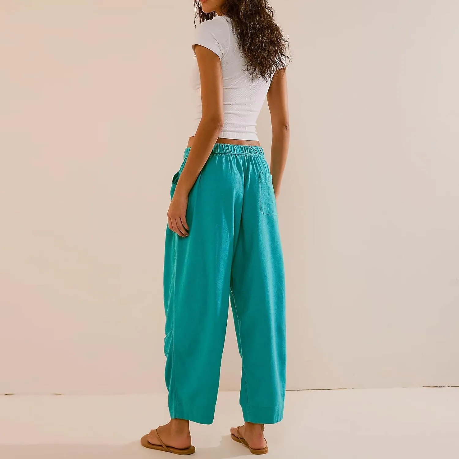 Women's Casual Lantern Tapered Harem Pants Flowy Beach Linen Drawstring Waist Wide Leg Palazzo Pants with Pockets