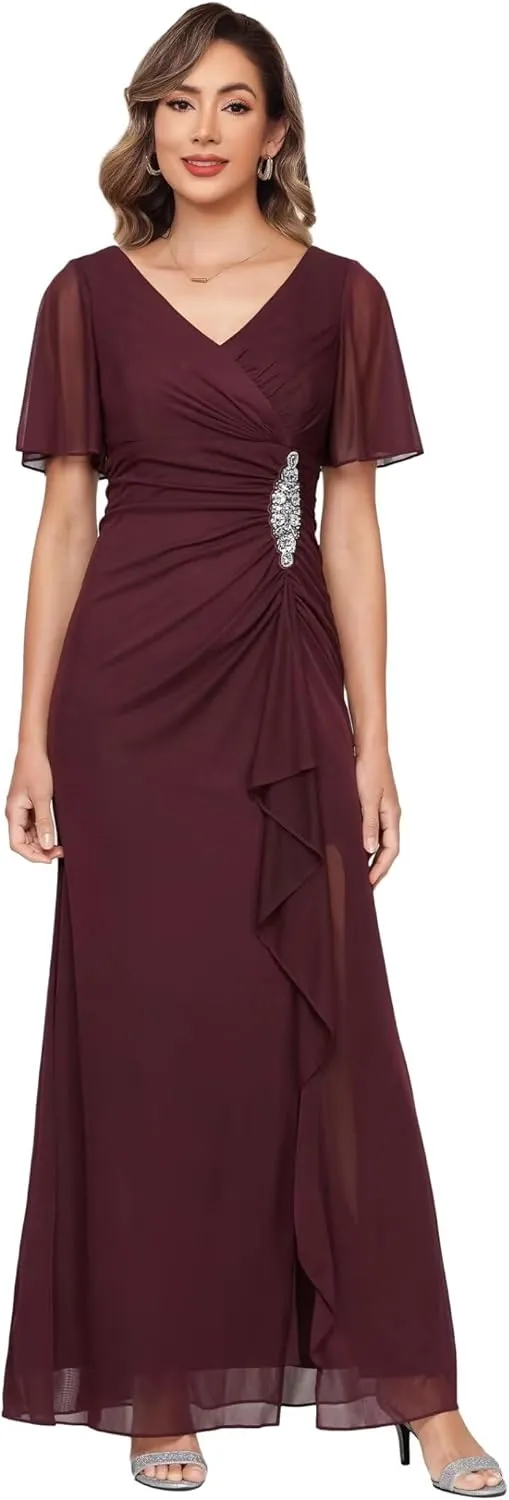 Womens Chiffon Mother of The Bride Dress 2025 Full Length Formal Dress with Ruffles LN118