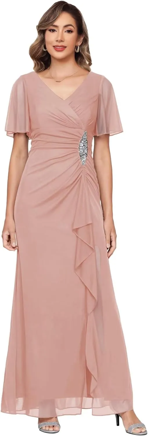 Womens Chiffon Mother of The Bride Dress 2025 Full Length Formal Dress with Ruffles LN118
