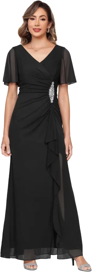 Womens Chiffon Mother of The Bride Dress 2025 Full Length Formal Dress with Ruffles LN118