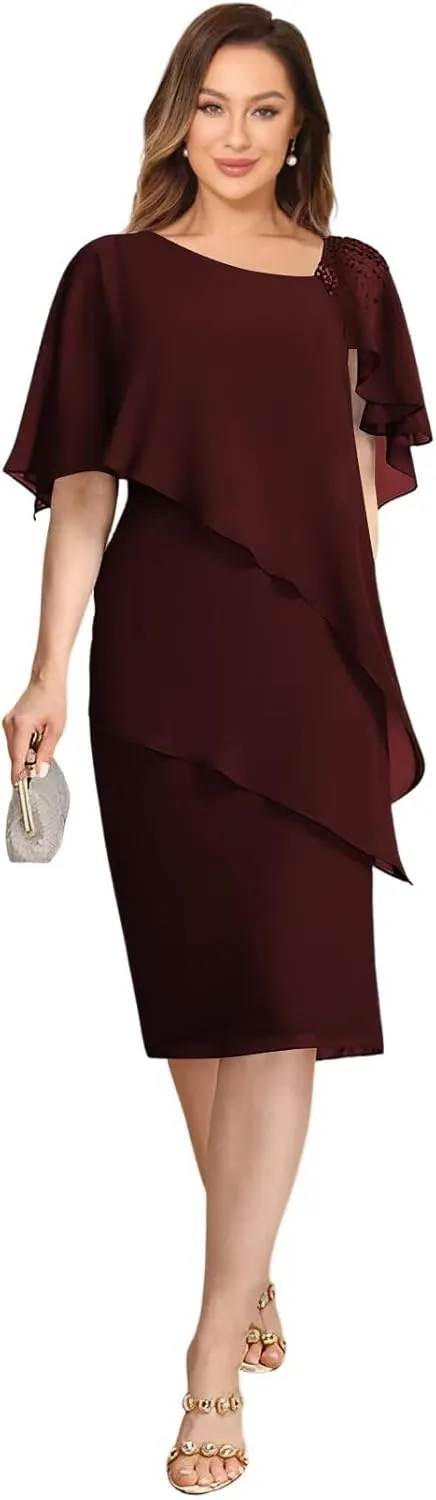 Womens Chiffon Mother of The Bride Dress 2025 Knee Length Formal Dress with Ruffles LN117