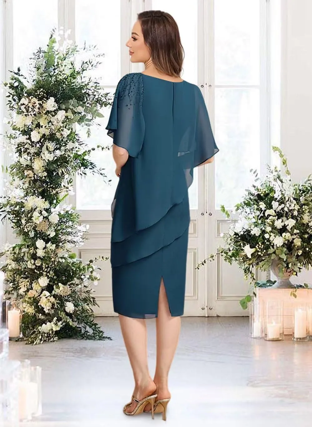 Womens Chiffon Mother of The Bride Dress 2025 Knee Length Formal Dress with Ruffles LN117