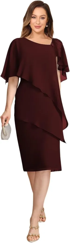 Womens Chiffon Mother of The Bride Dress 2025 Knee Length Formal Dress with Ruffles LN117