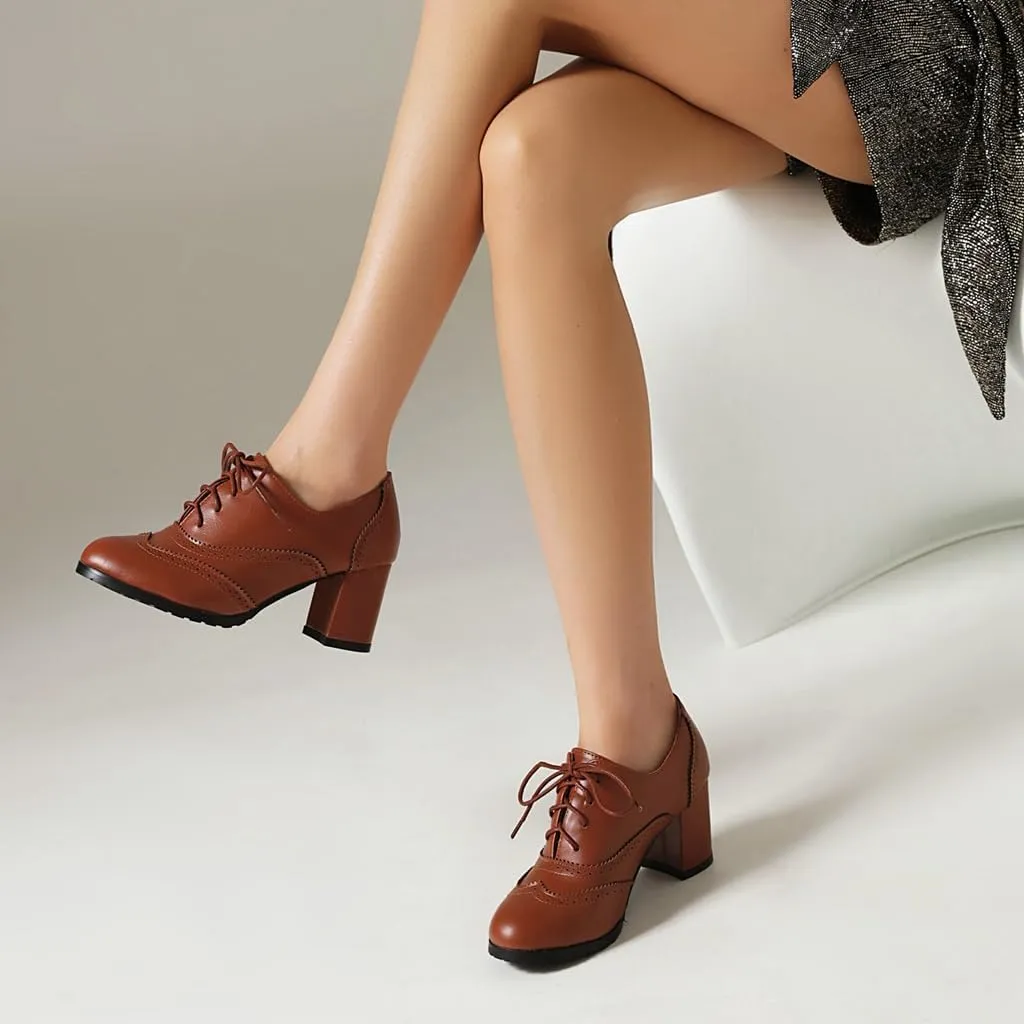 Women's Classic Lace Up Wingtip Oxfords Pumps Chunky Block Mid Heel Round Toe Leather Vintage Dress Shoes