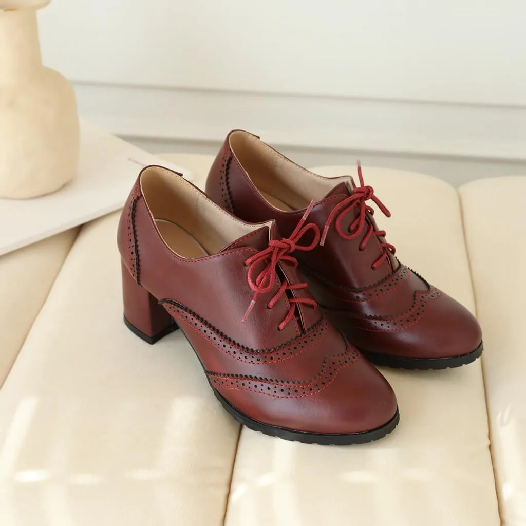 Women's Classic Lace Up Wingtip Oxfords Pumps Chunky Block Mid Heel Round Toe Leather Vintage Dress Shoes