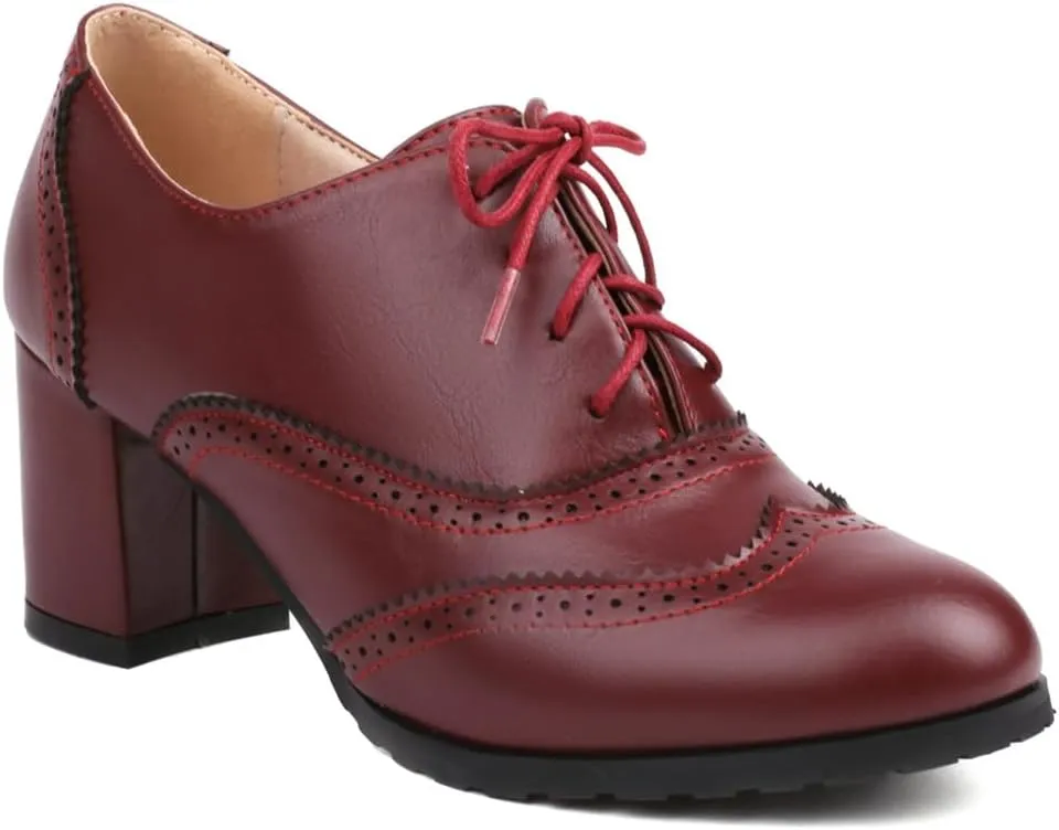 Women's Classic Lace Up Wingtip Oxfords Pumps Chunky Block Mid Heel Round Toe Leather Vintage Dress Shoes