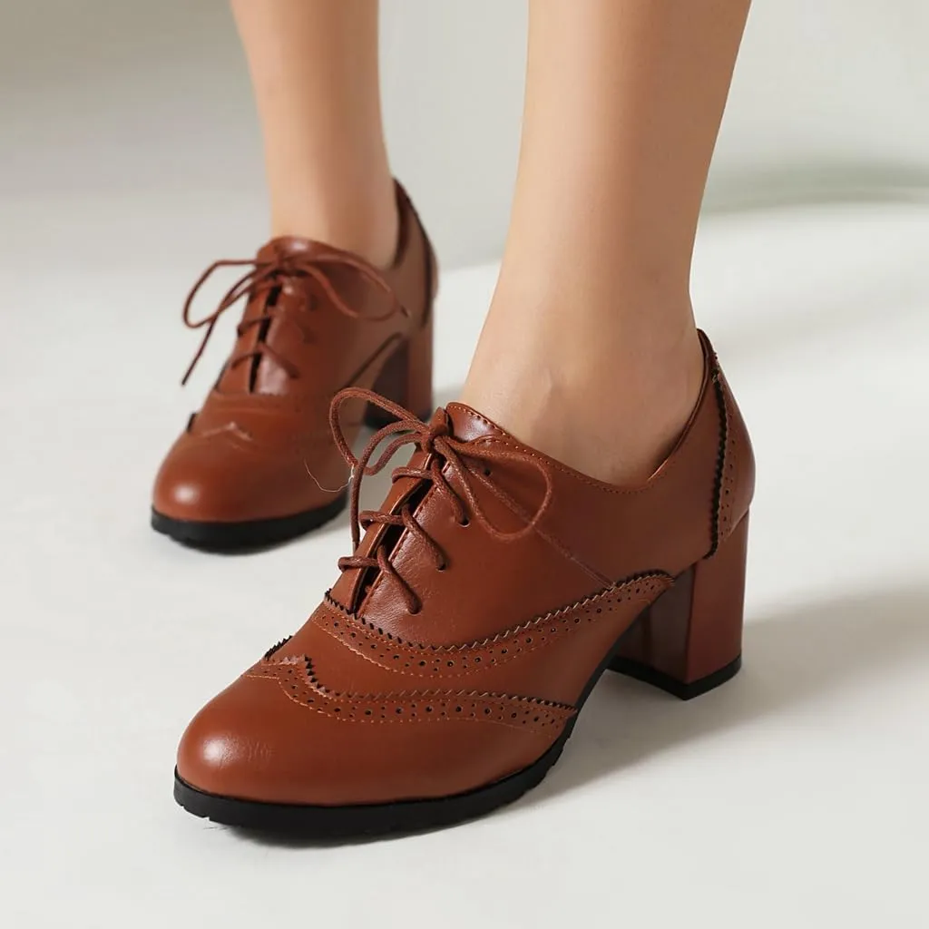 Women's Classic Lace Up Wingtip Oxfords Pumps Chunky Block Mid Heel Round Toe Leather Vintage Dress Shoes