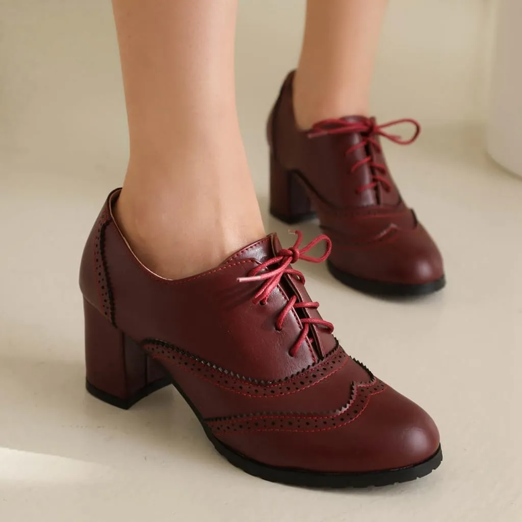Women's Classic Lace Up Wingtip Oxfords Pumps Chunky Block Mid Heel Round Toe Leather Vintage Dress Shoes