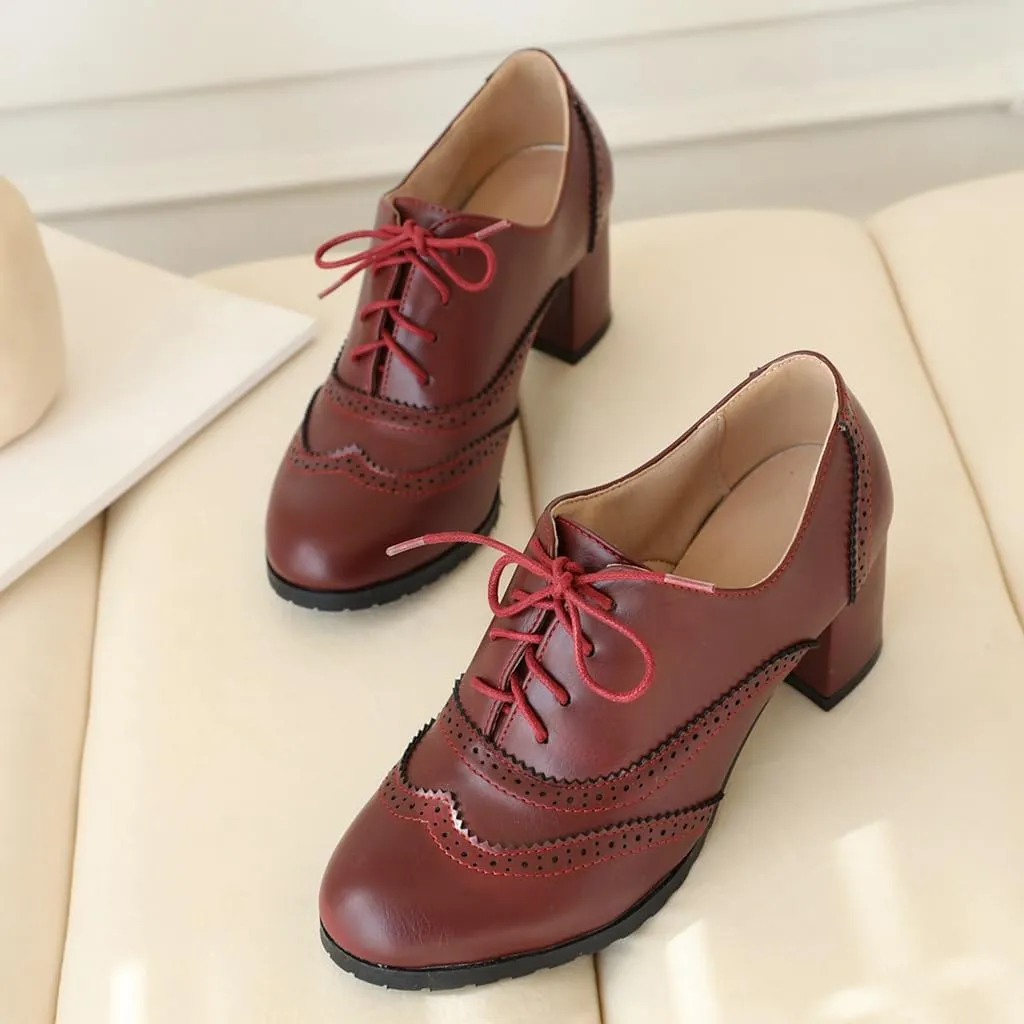 Women's Classic Lace Up Wingtip Oxfords Pumps Chunky Block Mid Heel Round Toe Leather Vintage Dress Shoes
