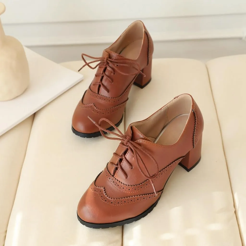 Women's Classic Lace Up Wingtip Oxfords Pumps Chunky Block Mid Heel Round Toe Leather Vintage Dress Shoes