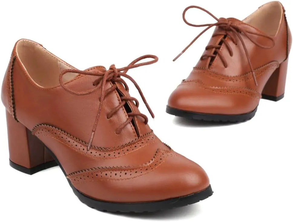 Women's Classic Lace Up Wingtip Oxfords Pumps Chunky Block Mid Heel Round Toe Leather Vintage Dress Shoes