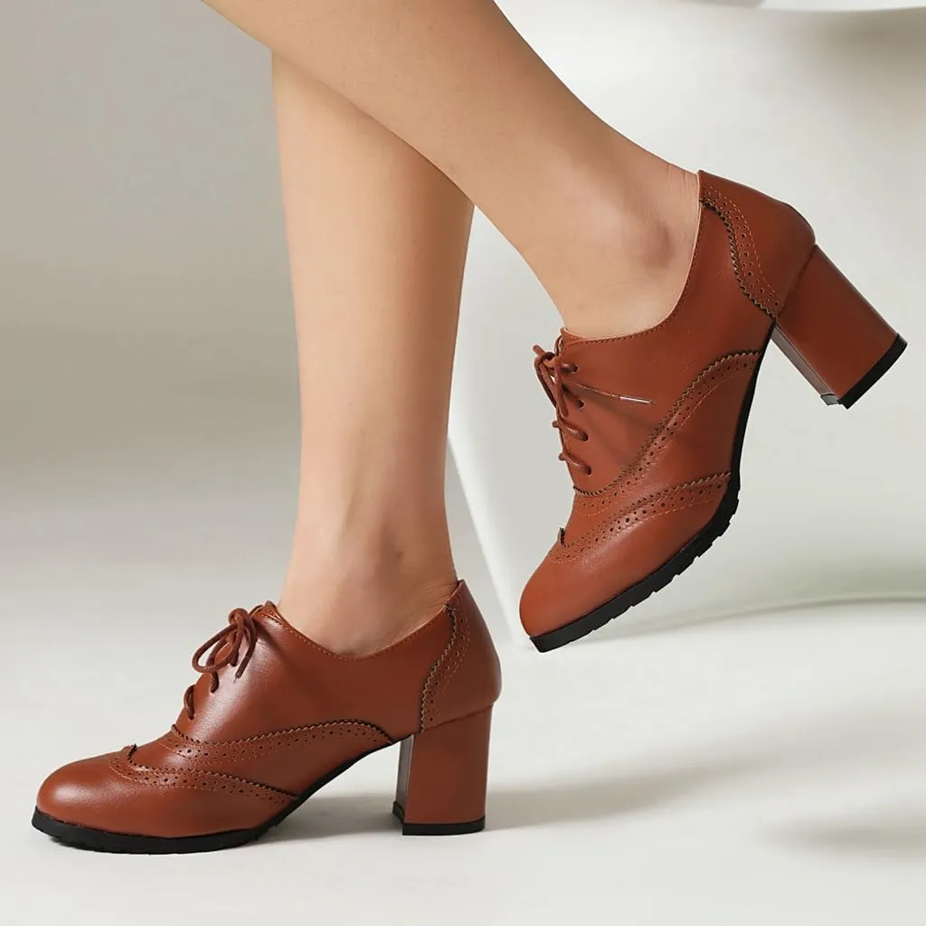 Women's Classic Lace Up Wingtip Oxfords Pumps Chunky Block Mid Heel Round Toe Leather Vintage Dress Shoes