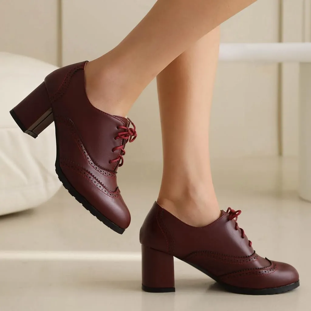 Women's Classic Lace Up Wingtip Oxfords Pumps Chunky Block Mid Heel Round Toe Leather Vintage Dress Shoes
