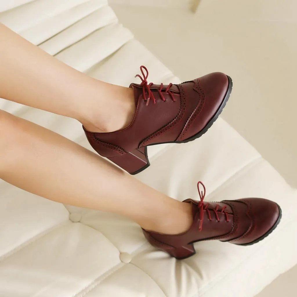 Women's Classic Lace Up Wingtip Oxfords Pumps Chunky Block Mid Heel Round Toe Leather Vintage Dress Shoes