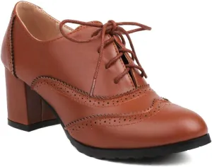 Women's Classic Lace Up Wingtip Oxfords Pumps Chunky Block Mid Heel Round Toe Leather Vintage Dress Shoes