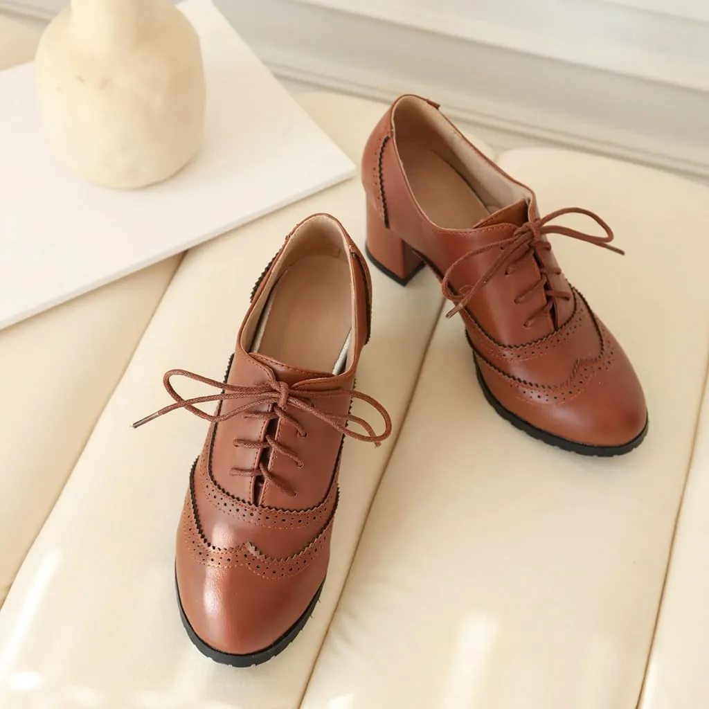 Women's Classic Lace Up Wingtip Oxfords Pumps Chunky Block Mid Heel Round Toe Leather Vintage Dress Shoes