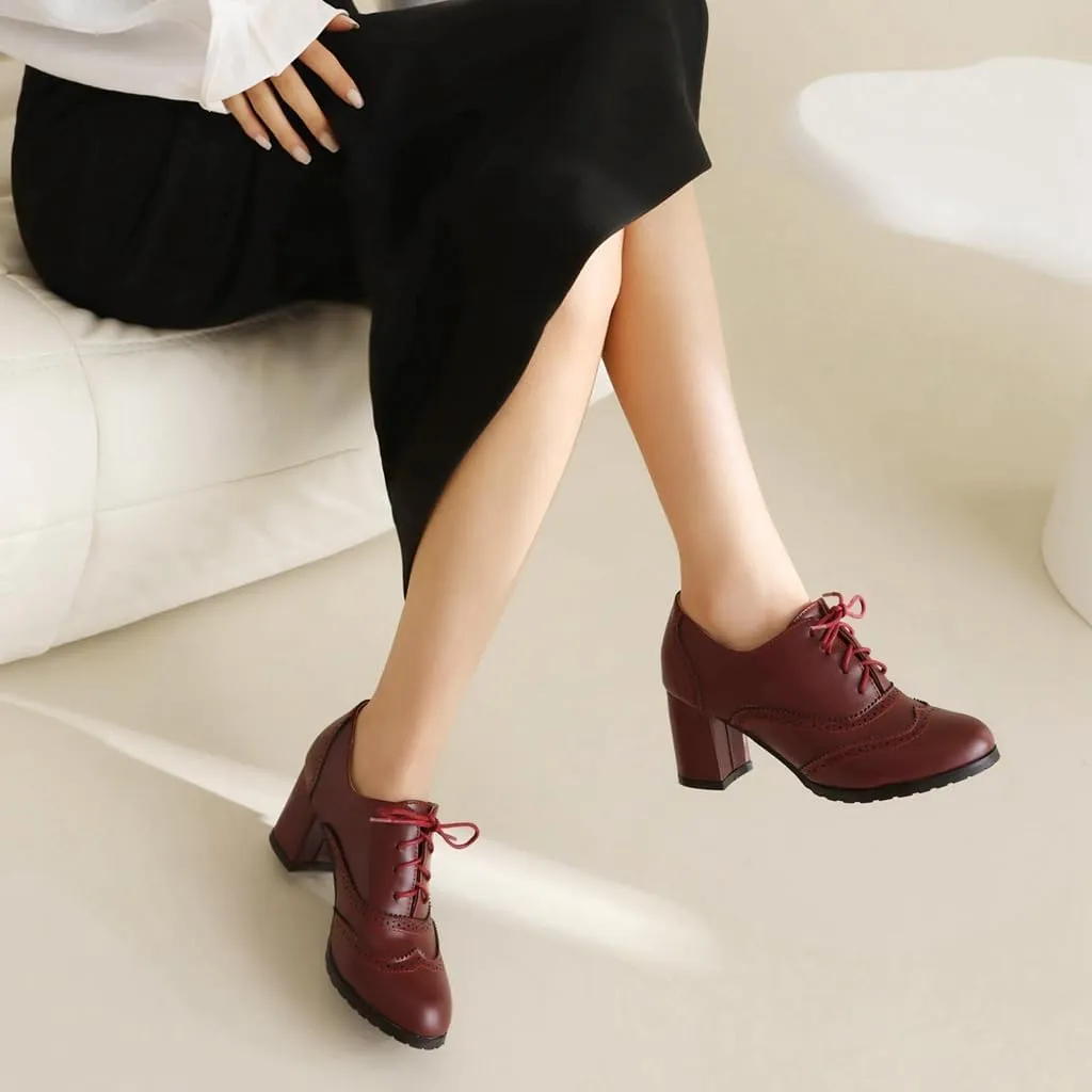 Women's Classic Lace Up Wingtip Oxfords Pumps Chunky Block Mid Heel Round Toe Leather Vintage Dress Shoes