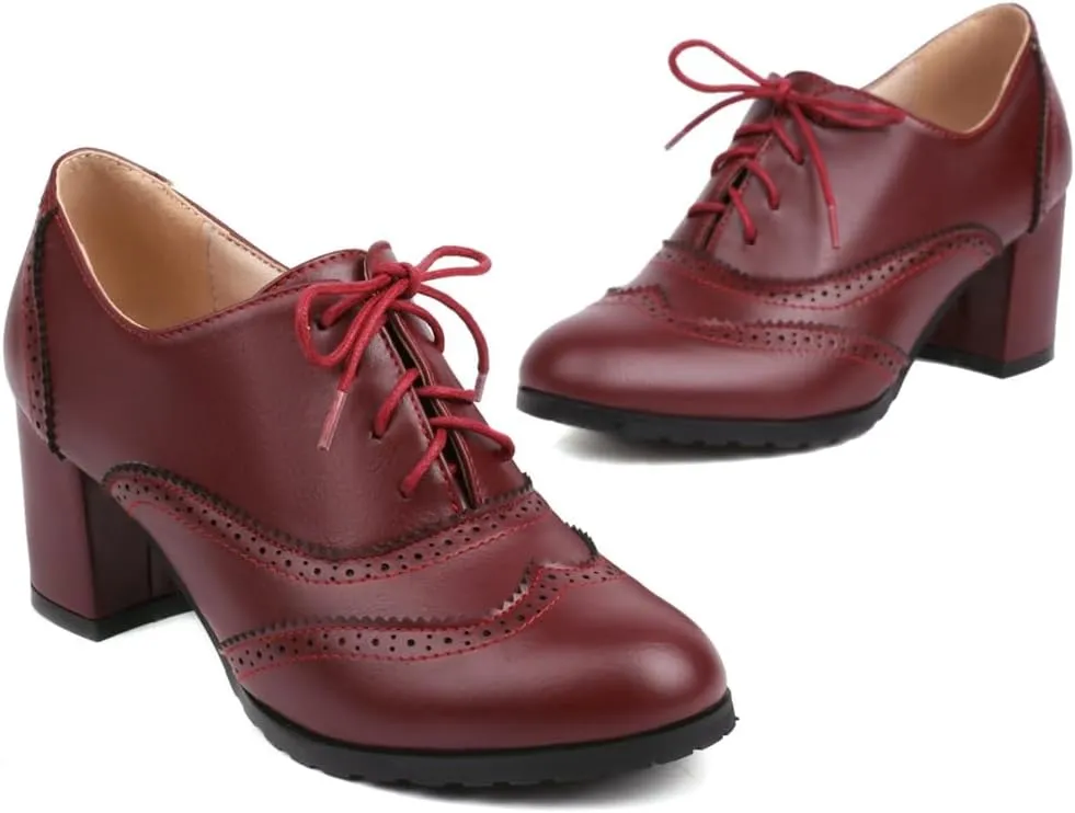 Women's Classic Lace Up Wingtip Oxfords Pumps Chunky Block Mid Heel Round Toe Leather Vintage Dress Shoes