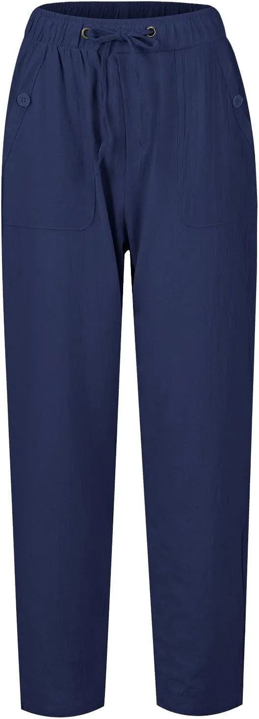 Women's Cotton Linen Drawstring High Waisted Pants Casual Loose Fit Wide Leg Trousers Solid Color Yoga Palazzo