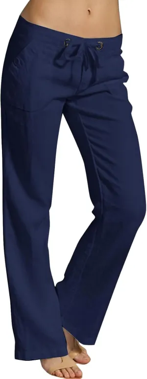 Women's Cotton Linen Drawstring High Waisted Pants Casual Loose Fit Wide Leg Trousers Solid Color Yoga Palazzo
