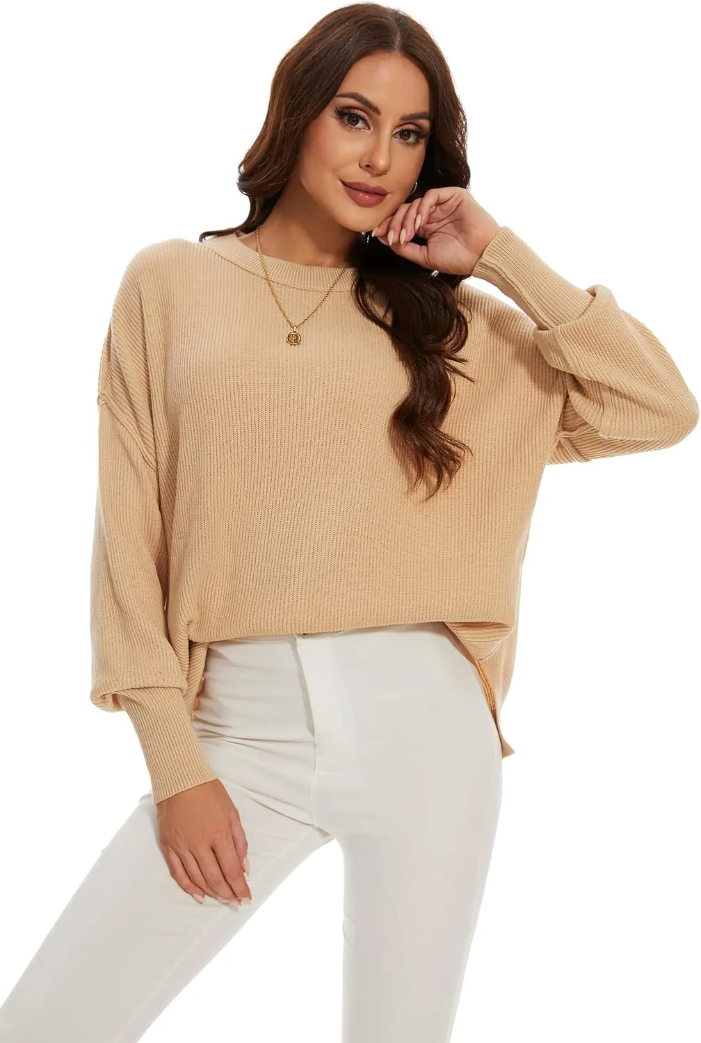 Women's Crewneck Long Sleeve Oversized Sweaters 2024 Fall Side Slit Ribbed Knit Pullover Sweater Tops
