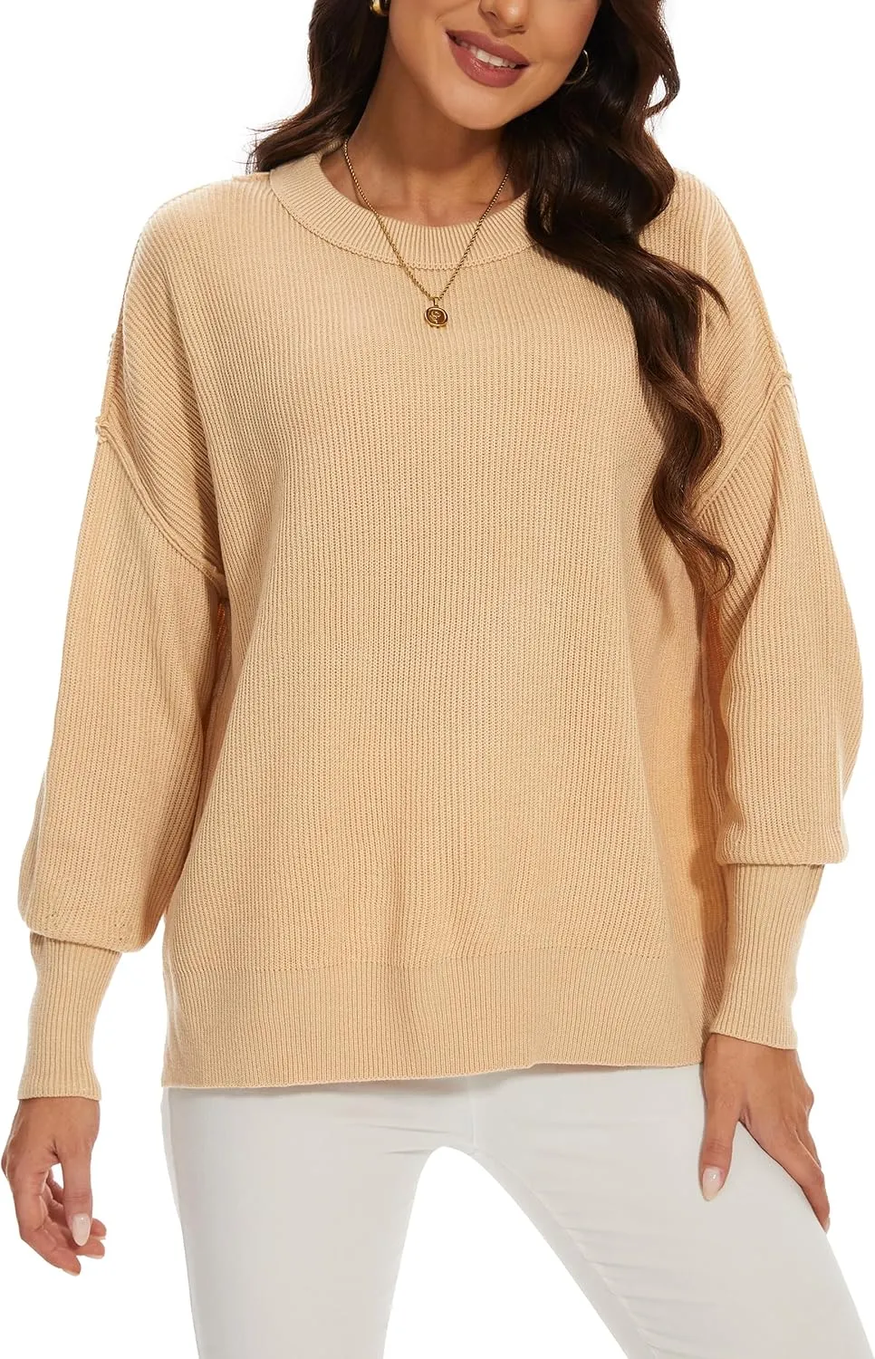 Women's Crewneck Long Sleeve Oversized Sweaters 2024 Fall Side Slit Ribbed Knit Pullover Sweater Tops